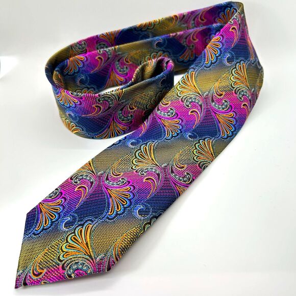 Robert Lewis Vibrant Colorful Jacquard Paisley Print 100% Silk Long Tie - Picture 5 of 10